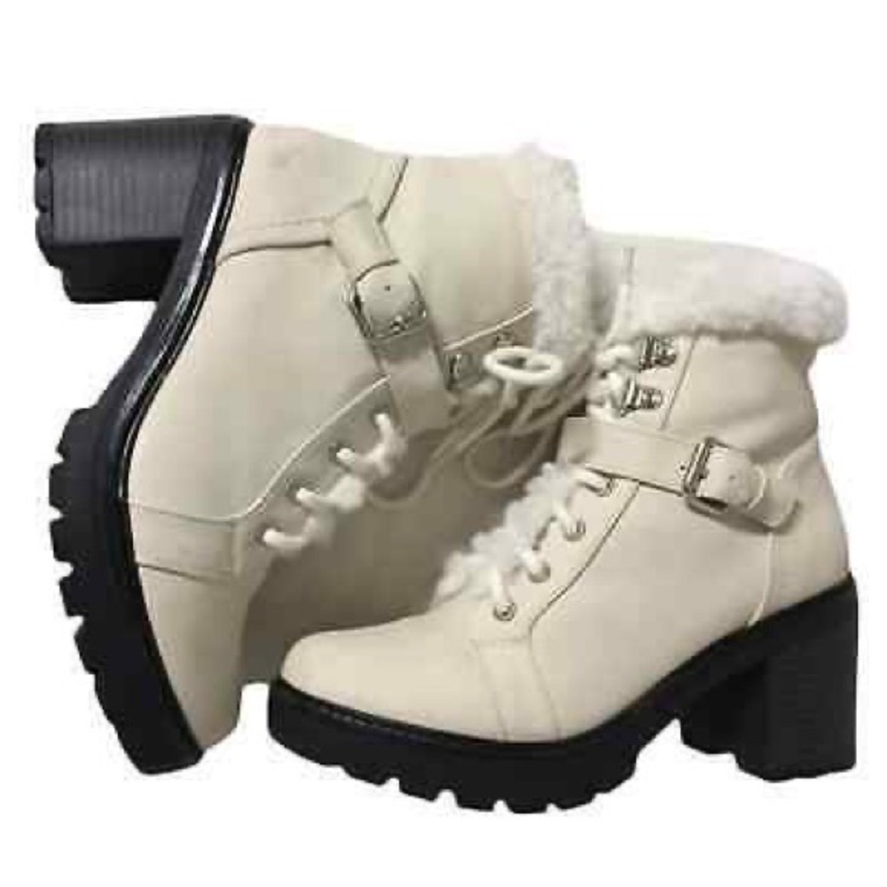 ESPRIT Elaine White Fur Combat Boots Platform Lace Up Boots Women’s 10